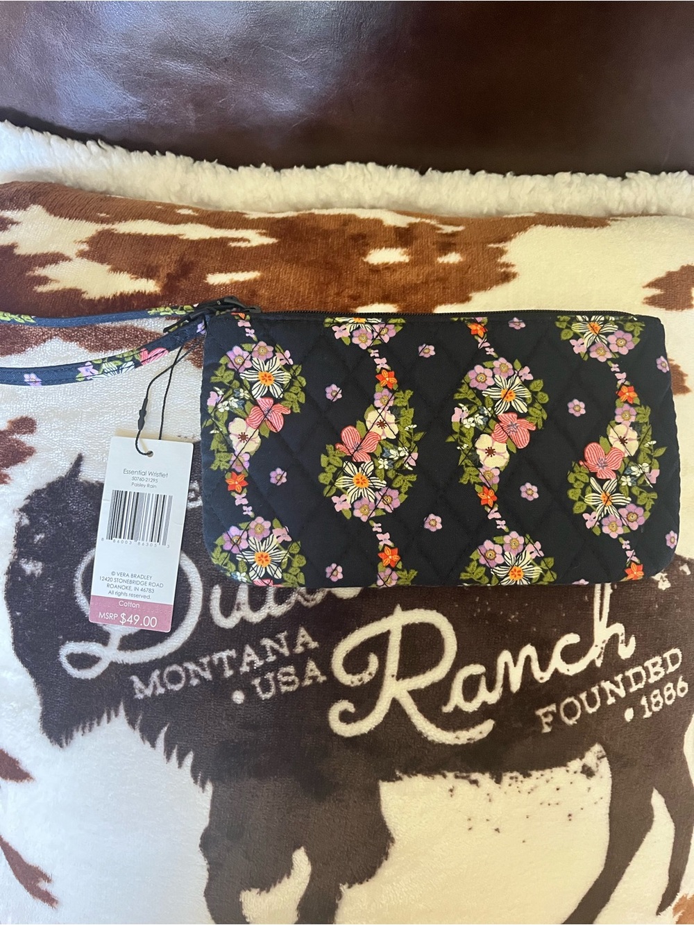 Vera Bradley Black Quilted Floral Wristlet with Green & Pink Accents
